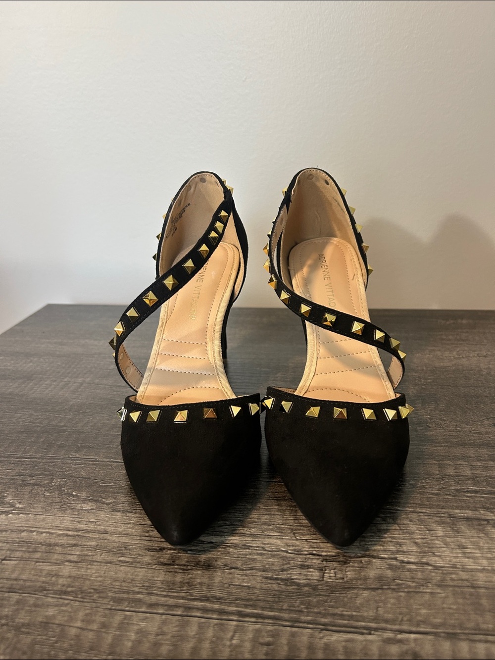 Adrienne Vittadini Black faux suede studded heels